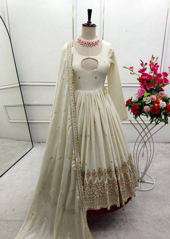Party Wear White Color Pure Chinon Silk With Heavy Embroidery Sequence Work Anarkali Suit