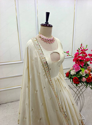 Party Wear White Color Pure Chinon Silk With Heavy Embroidery Sequence Work Anarkali Suit