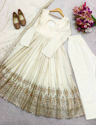 Party Wear White Color Pure Chinon Silk With Heavy Embroidery Sequence Work Anarkali Suit
