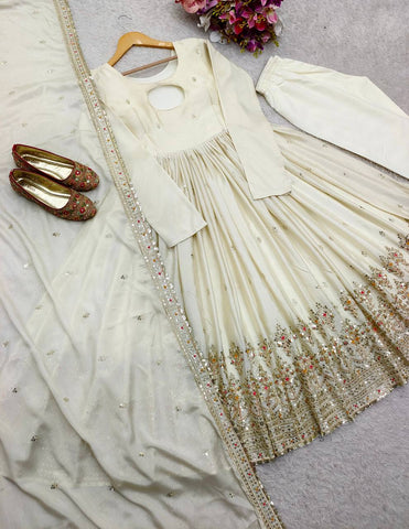 Party Wear White Color Pure Chinon Silk With Heavy Embroidery Sequence Work Anarkali Suit