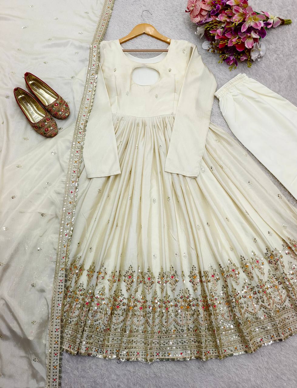 Party Wear White Color Pure Chinon Silk With Heavy Embroidery Sequence Work Anarkali Suit