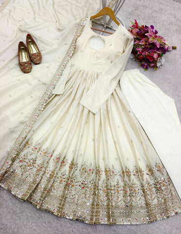 Party Wear White Color Pure Chinon Silk With Heavy Embroidery Sequence Work Anarkali Suit