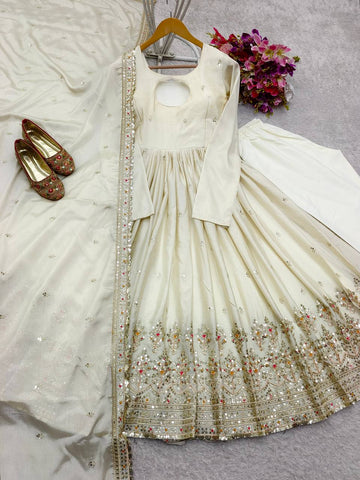 Party Wear White Color Pure Chinon Silk With Heavy Embroidery Sequence Work Anarkali Suit
