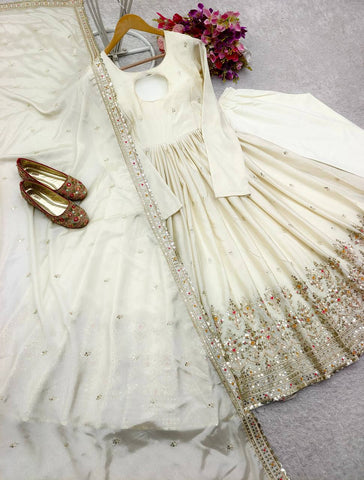Party Wear White Color Pure Chinon Silk With Heavy Embroidery Sequence Work Anarkali Suit
