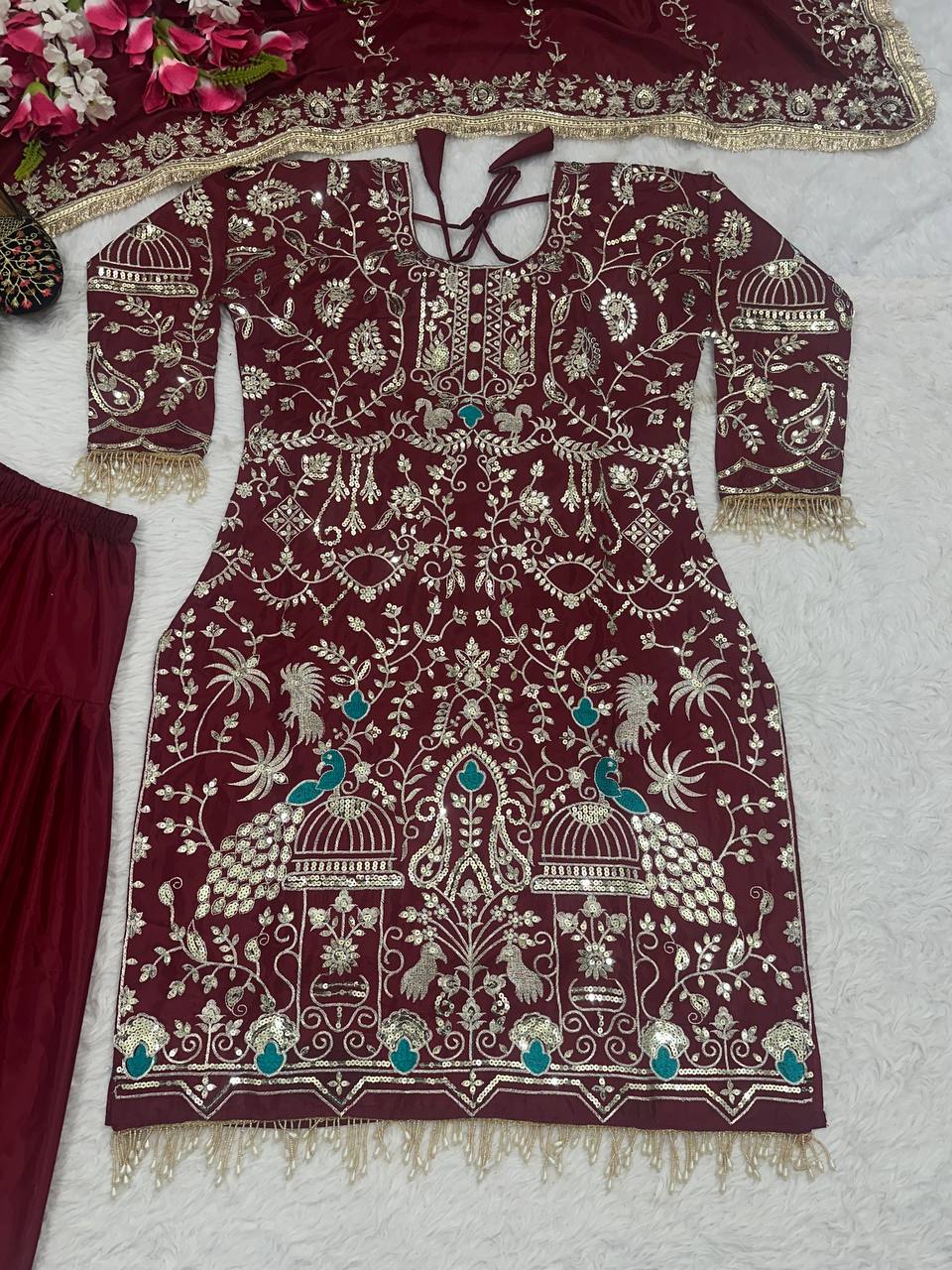 Graceful Maroon Color Natural Crepe With Heavy Embroidery Sequence Work Dhoti Suit