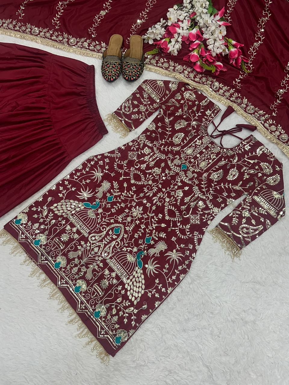 Graceful Maroon Color Natural Crepe With Heavy Embroidery Sequence Work Dhoti Suit