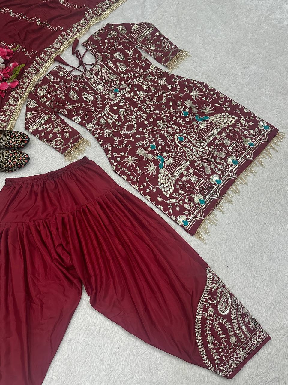 Graceful Maroon Color Natural Crepe With Heavy Embroidery Sequence Work Dhoti Suit