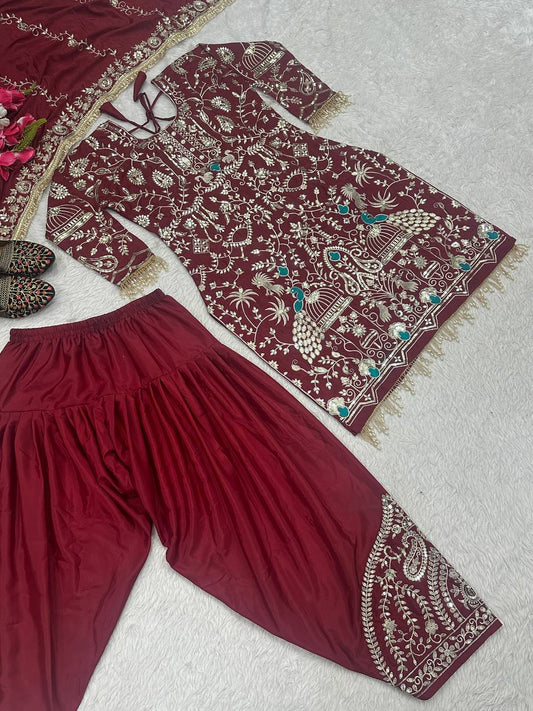 Graceful Maroon Color Natural Crepe With Heavy Embroidery Sequence Work Dhoti Suit