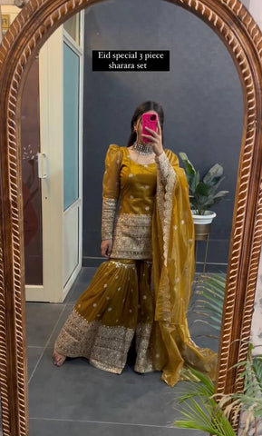 Function Wear Haldi Special Yellow Color Pure Soft Twine Net With Heavy Embroidery Work Sharara Suit