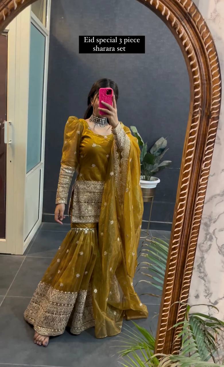 Function Wear Haldi Special Yellow Color Pure Soft Twine Net With Heavy Embroidery Work Sharara Suit