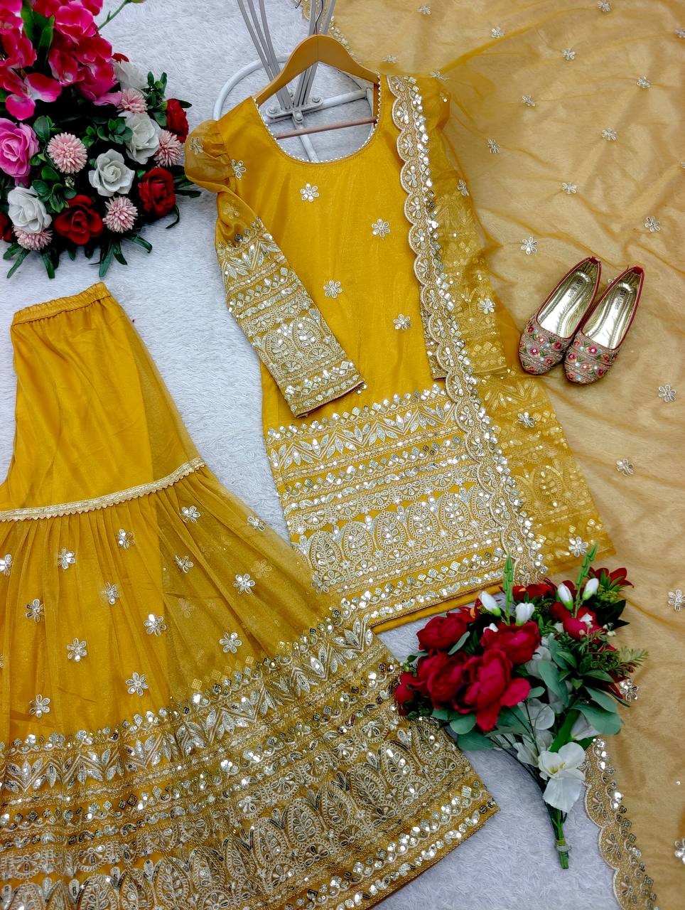 Function Wear Haldi Special Yellow Color Pure Soft Twine Net With Heavy Embroidery Work Sharara Suit