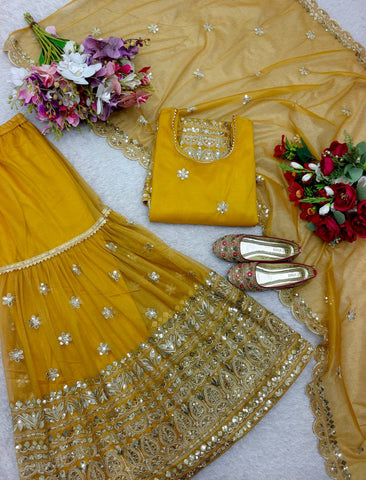 Function Wear Haldi Special Yellow Color Pure Soft Twine Net With Heavy Embroidery Work Sharara Suit