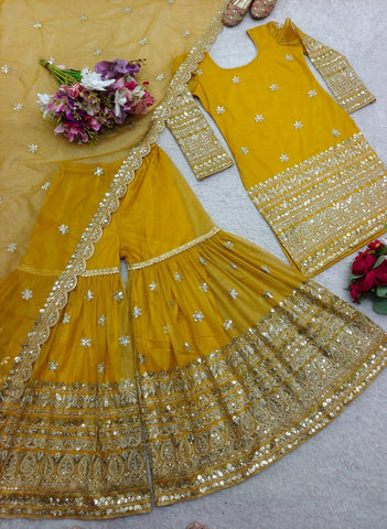 Function Wear Haldi Special Yellow Color Pure Soft Twine Net With Heavy Embroidery Work Sharara Suit