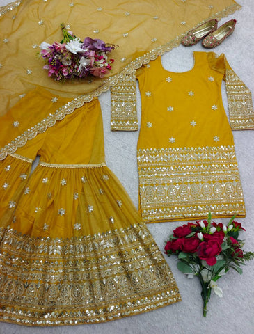 Function Wear Haldi Special Yellow Color Pure Soft Twine Net With Heavy Embroidery Work Sharara Suit