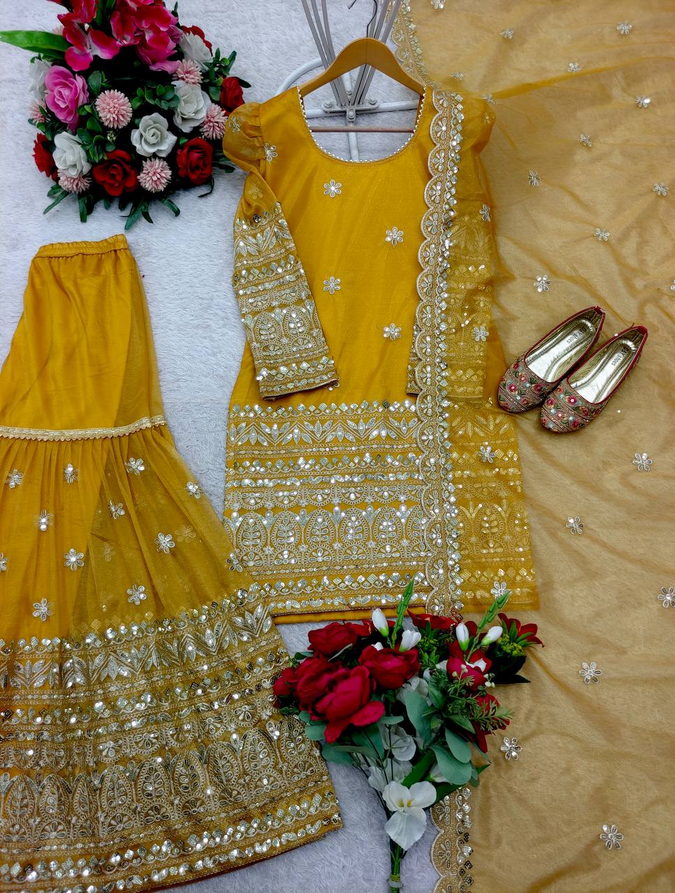 Function Wear Haldi Special Yellow Color Pure Soft Twine Net With Heavy Embroidery Work Sharara Suit