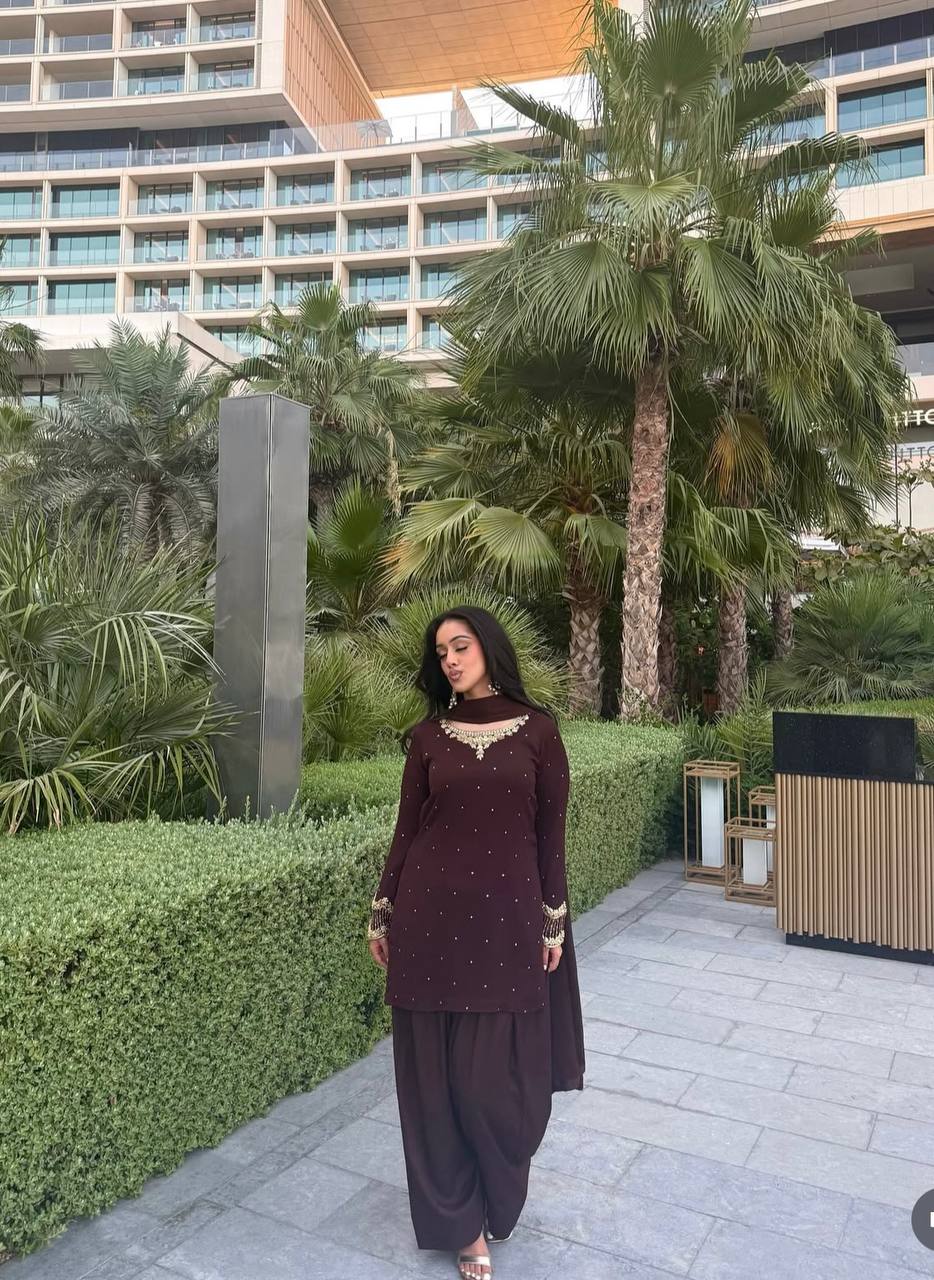 Party Wear Brown Color Pure Blooming Georgette With Heavy Embroidery Sequence Work Sharara Suit