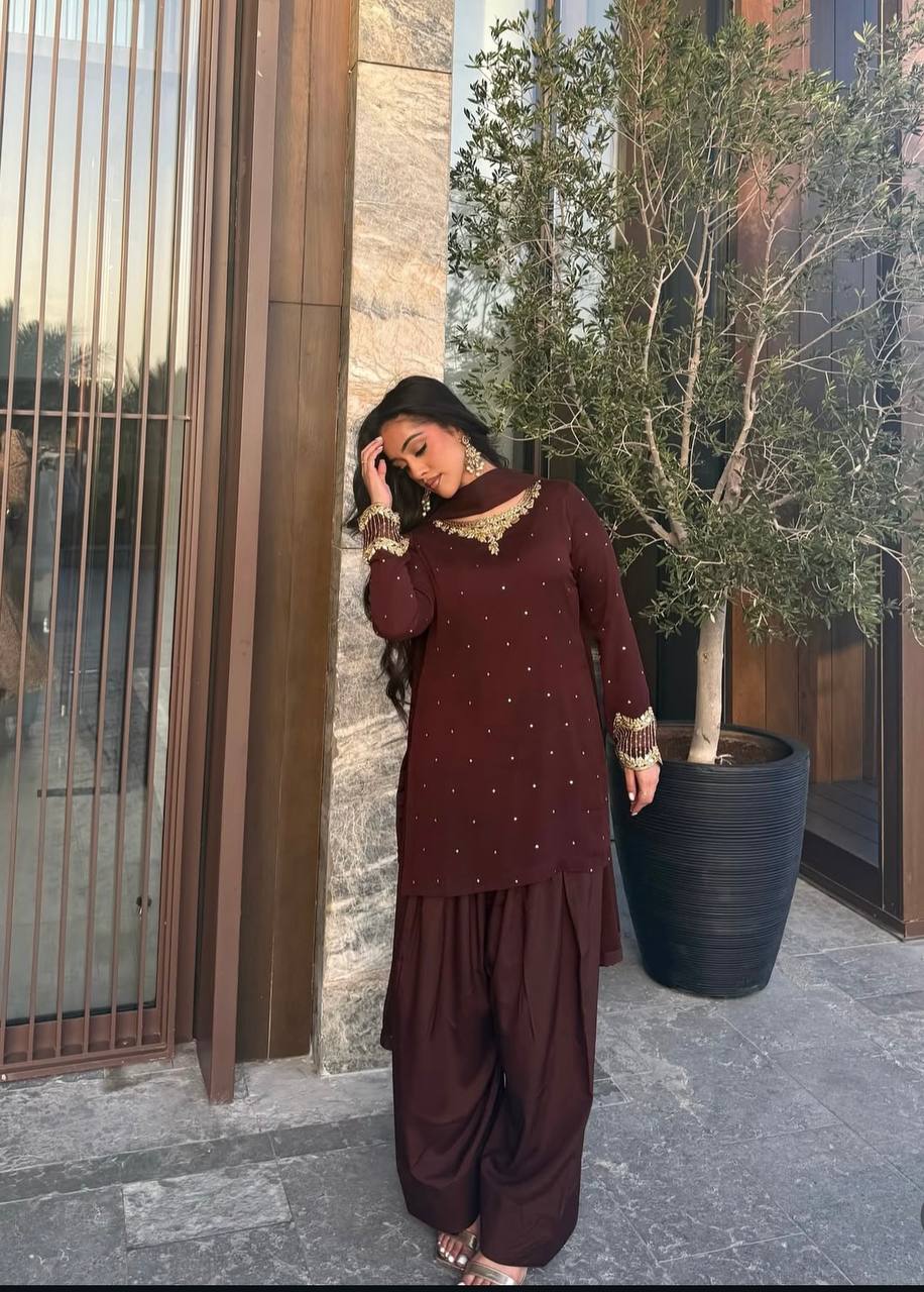 Party Wear Brown Color Pure Blooming Georgette With Heavy Embroidery Sequence Work Sharara Suit