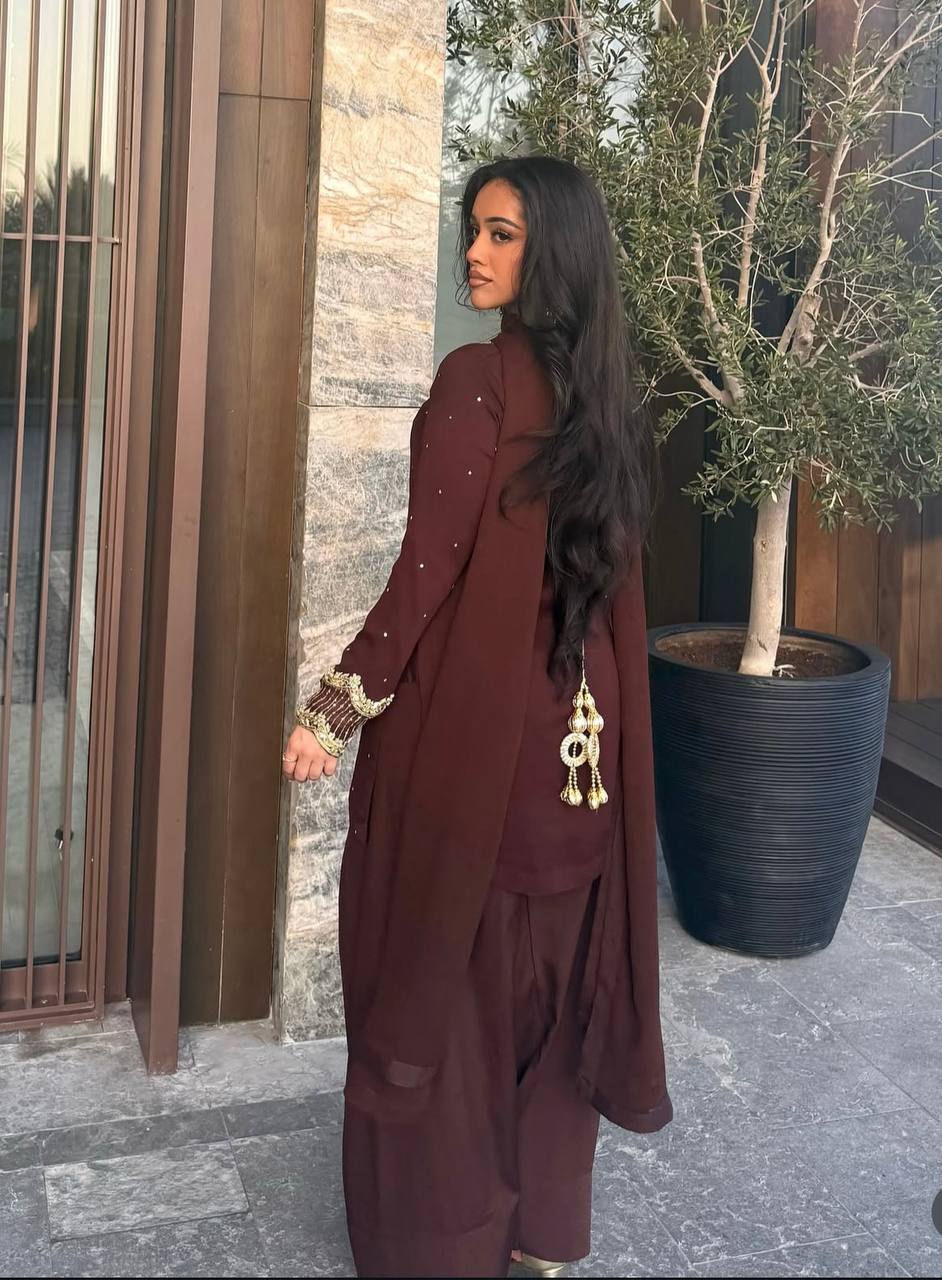 Party Wear Brown Color Pure Blooming Georgette With Heavy Embroidery Sequence Work Sharara Suit