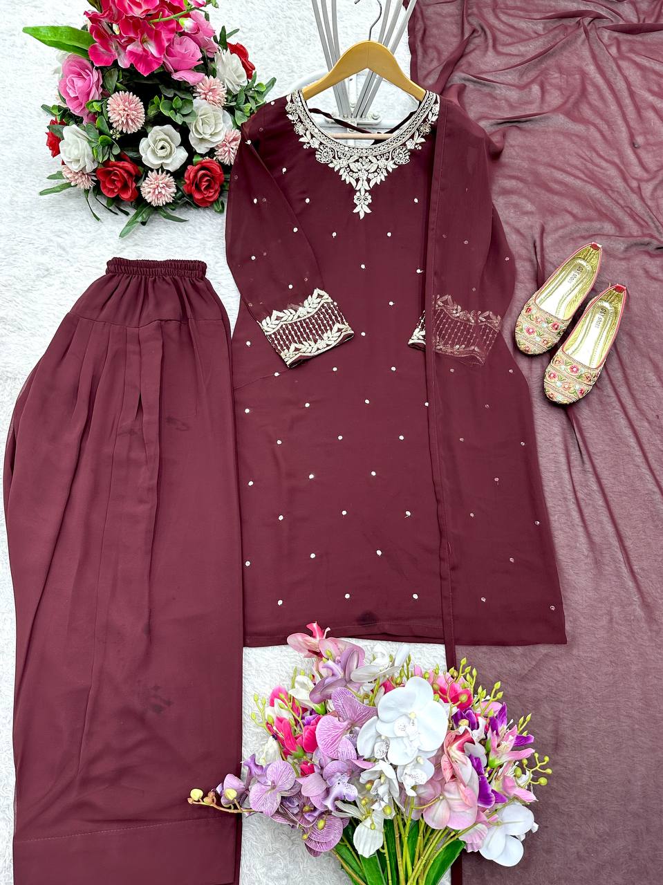 Party Wear Brown Color Pure Blooming Georgette With Heavy Embroidery Sequence Work Sharara Suit