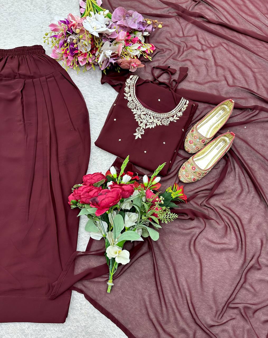 Party Wear Brown Color Pure Blooming Georgette With Heavy Embroidery Sequence Work Sharara Suit