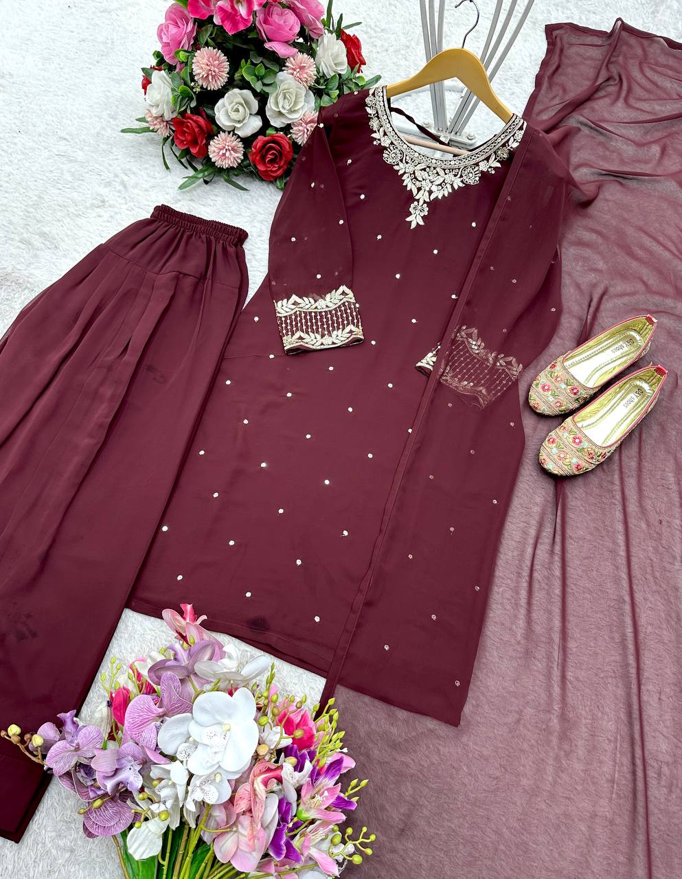 Party Wear Brown Color Pure Blooming Georgette With Heavy Embroidery Sequence Work Sharara Suit
