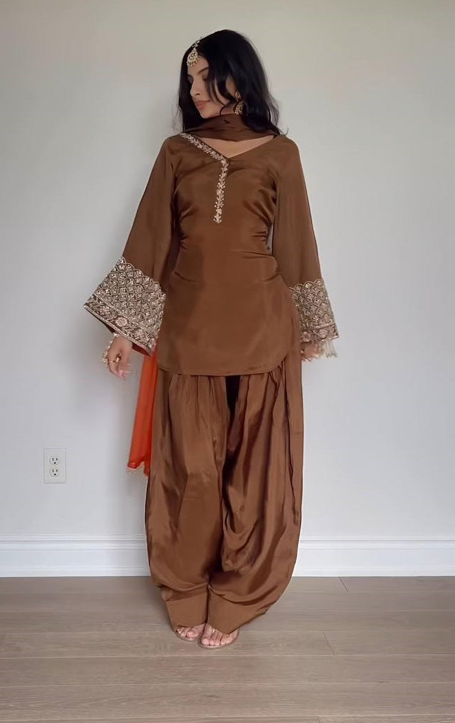 Wedding Wear Dark Mustard Color Natural Satin Silk With Embroidery Sequence Work Palazzo Suit