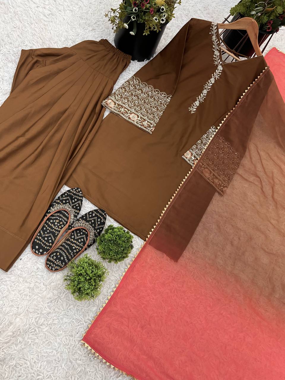 Wedding Wear Dark Mustard Color Natural Satin Silk With Embroidery Sequence Work Palazzo Suit