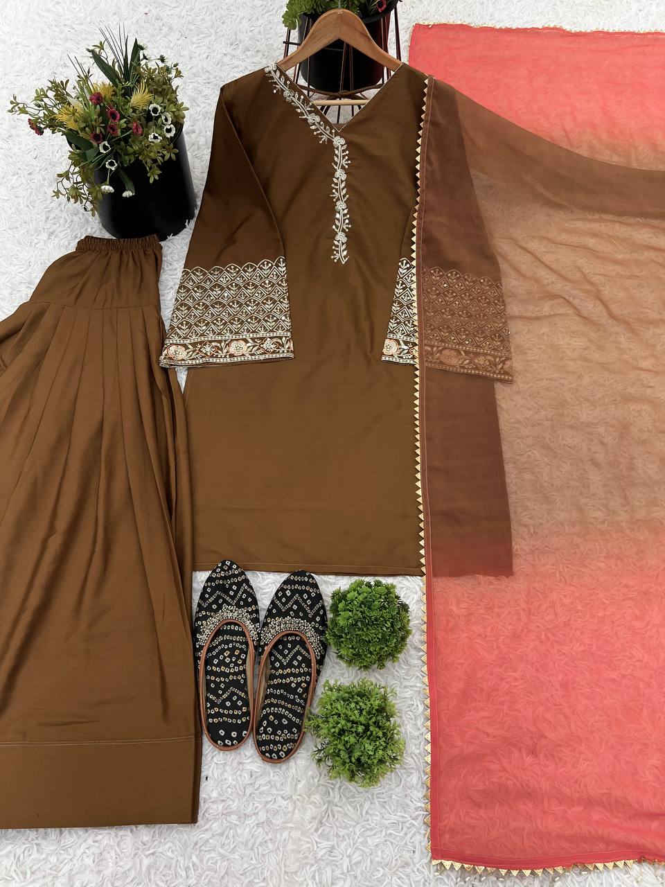 Wedding Wear Dark Mustard Color Natural Satin Silk With Embroidery Sequence Work Palazzo Suit