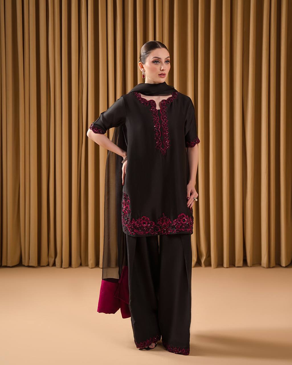 Fabulous Black Color Pure Natural Crepe With Embroidery Work Palazzo Suit