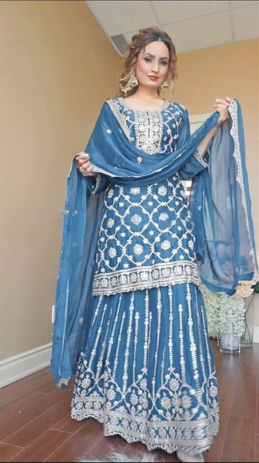 Blissful Teal Blue Color Pure Chinon Silk With Embroidery Coding Sequence Work Palazzo Suit
