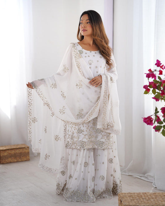 Party Wear White Star Georgette Thread With Sequence Work Sharara Suit