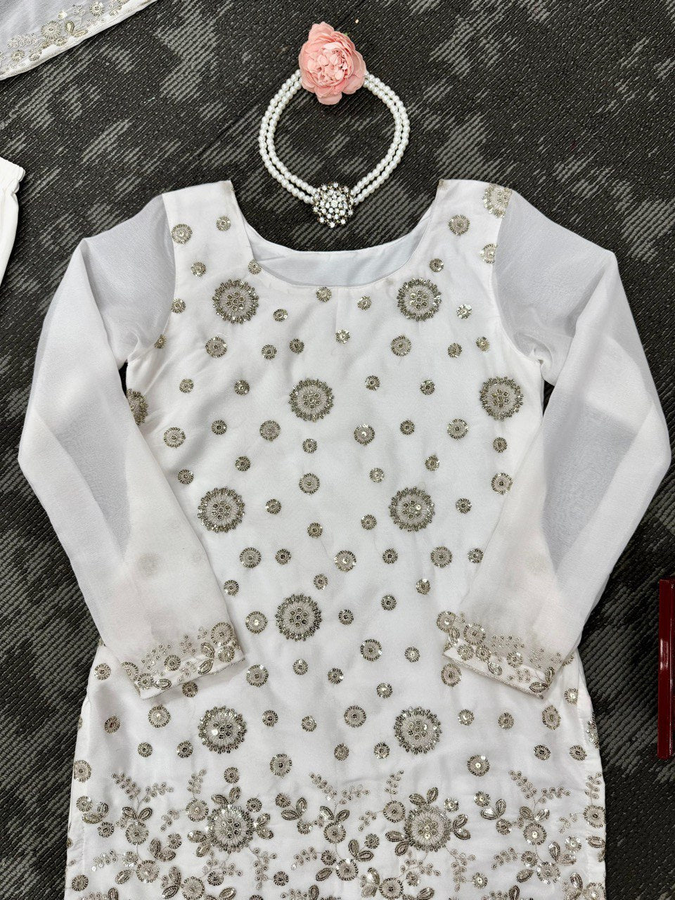 Party Wear White Star Georgette Thread With Sequence Work Sharara Suit