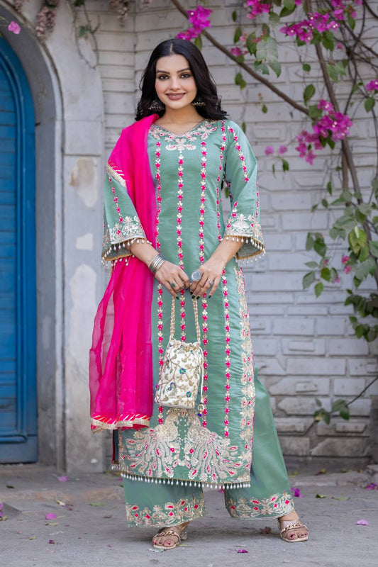 Exclusive Sky Green Color Heavy Chine Stitch Work With Full Heavy Fancy Hand Work Palazoo Suit