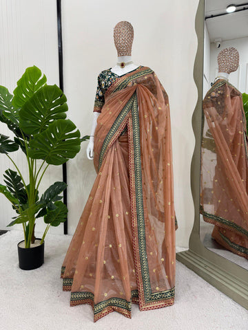 Exclusive Light Orange Twill Net With Thread And Sequence Work Designer Saree