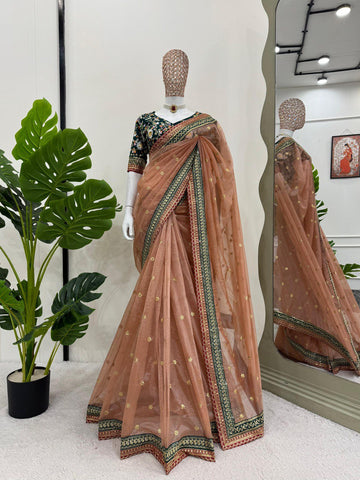 Exclusive Light Orange Twill Net With Thread And Sequence Work Designer Saree