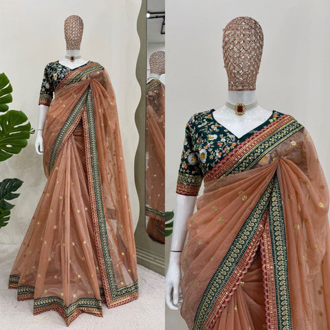 Exclusive Light Orange Twill Net With Thread And Sequence Work Designer Saree
