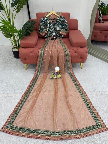 Exclusive Light Orange Twill Net With Thread And Sequence Work Designer Saree