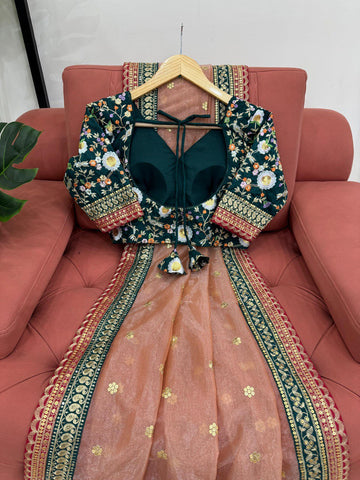 Exclusive Light Orange Twill Net With Thread And Sequence Work Designer Saree