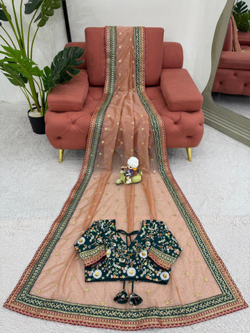 Exclusive Light Orange Twill Net With Thread And Sequence Work Designer Saree