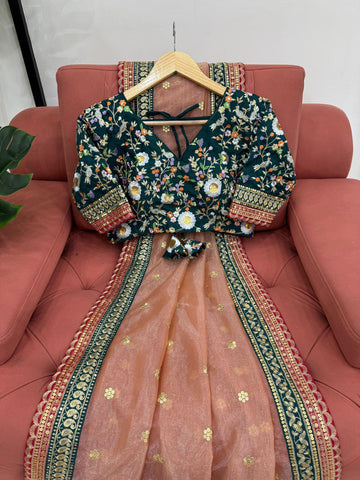 Exclusive Light Orange Twill Net With Thread And Sequence Work Designer Saree