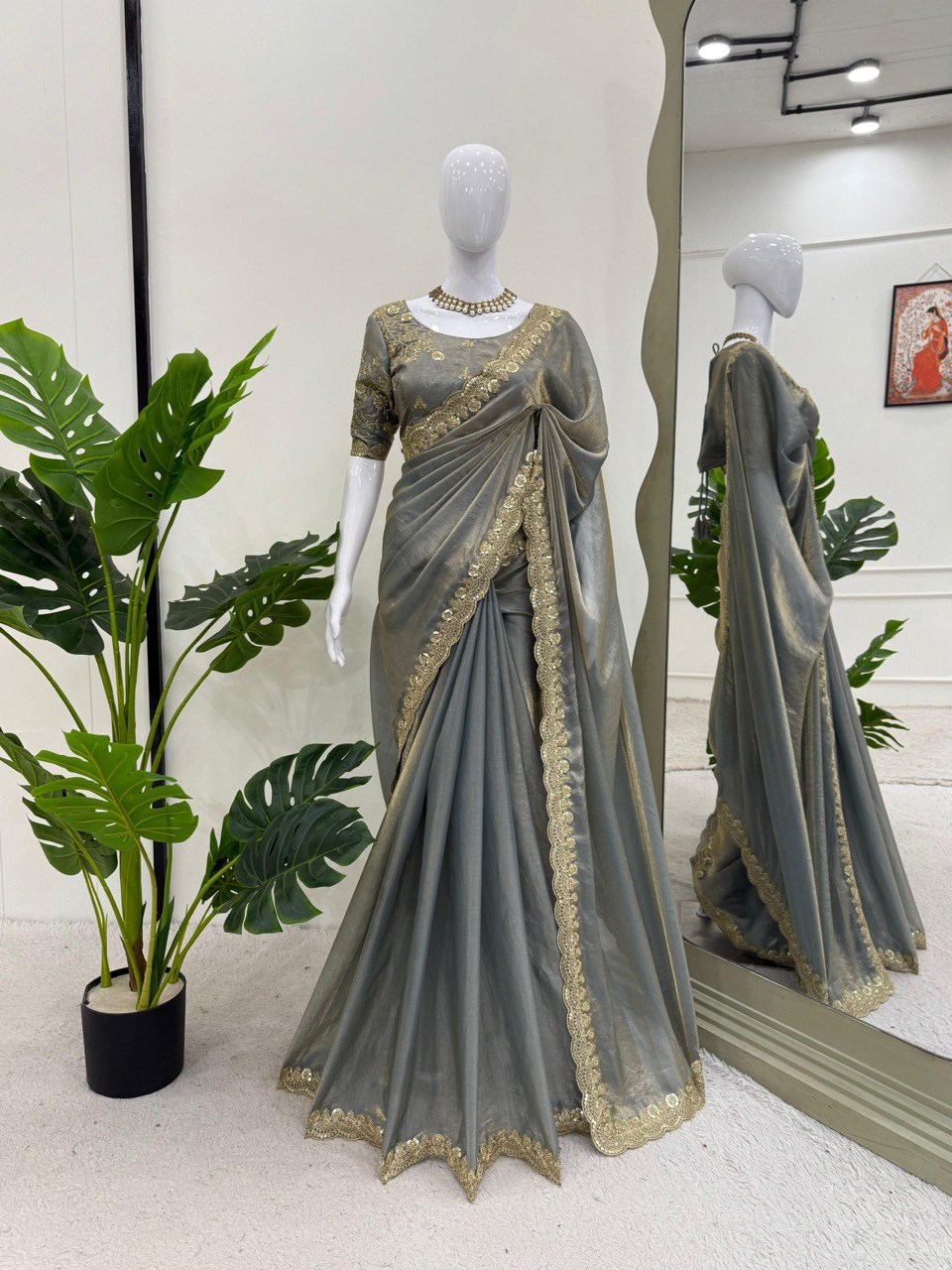 Attractive Grey Color Fendy Silk With Coding And Sequence Work Designer Saree