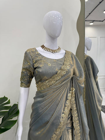 Attractive Grey Color Fendy Silk With Coding And Sequence Work Designer Saree