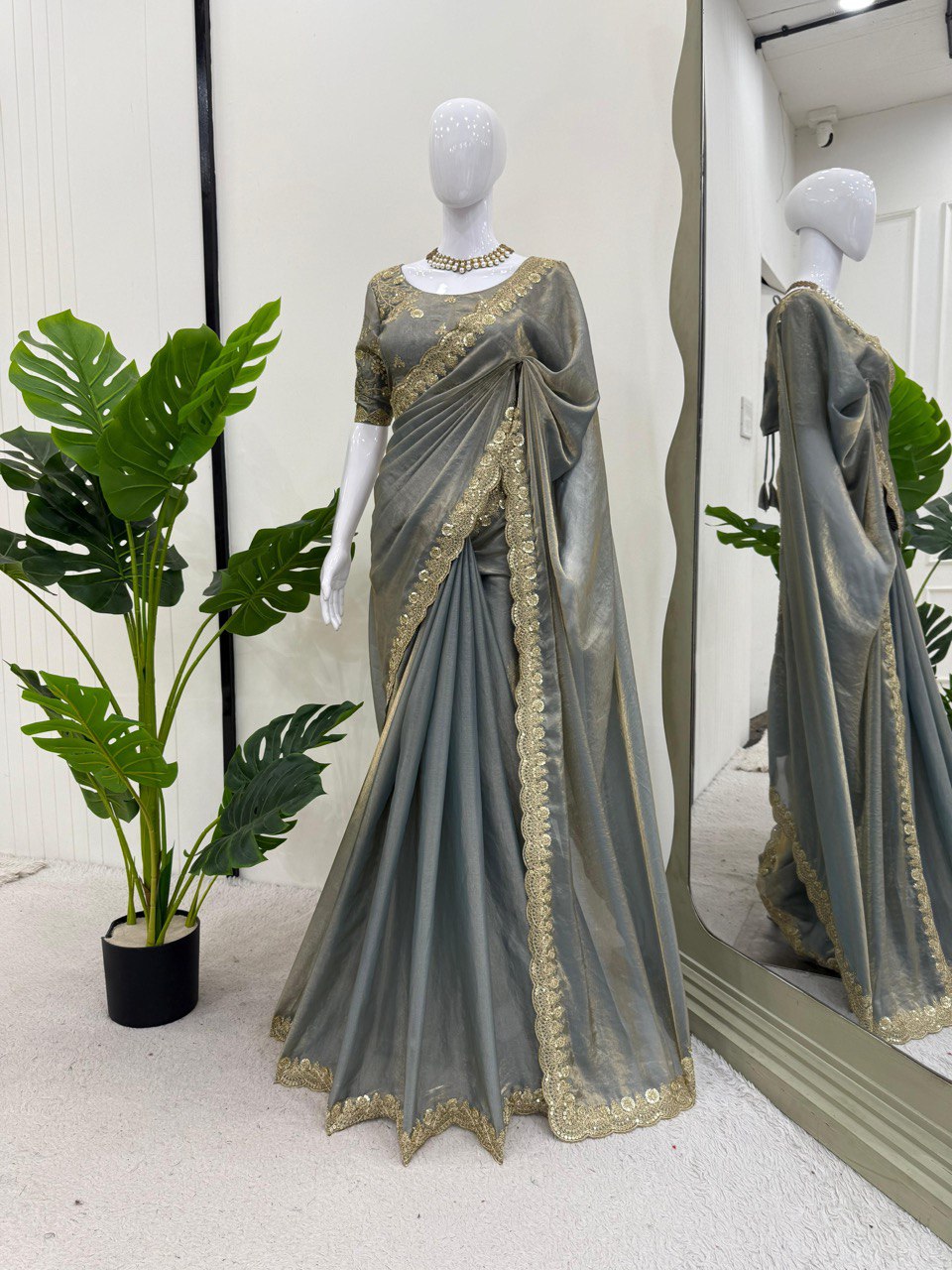 Attractive Grey Color Fendy Silk With Coding And Sequence Work Designer Saree