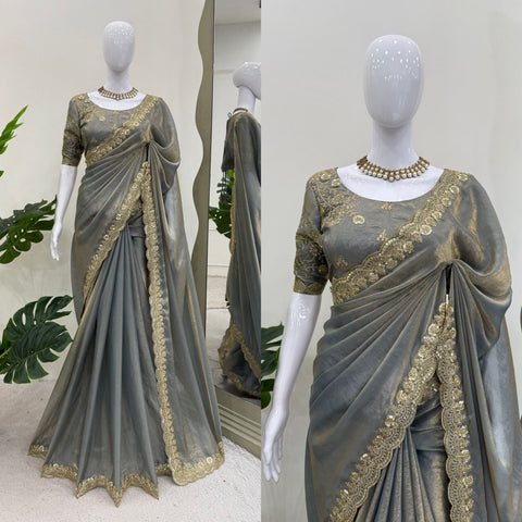 Attractive Grey Color Fendy Silk With Coding And Sequence Work Designer Saree