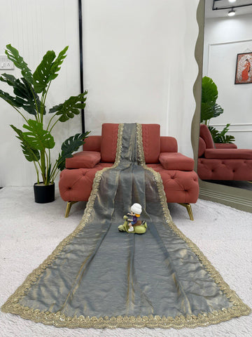 Attractive Grey Color Fendy Silk With Coding And Sequence Work Designer Saree