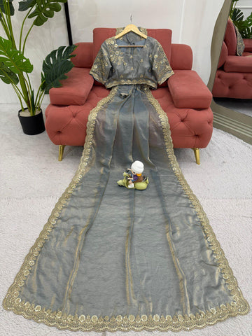 Attractive Grey Color Fendy Silk With Coding And Sequence Work Designer Saree