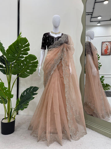 Trendy Peach Color Organza Silk And Thread With Sequence Work Designer Saree