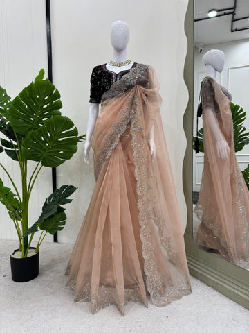Trendy Peach Color Organza Silk And Thread With Sequence Work Designer Saree