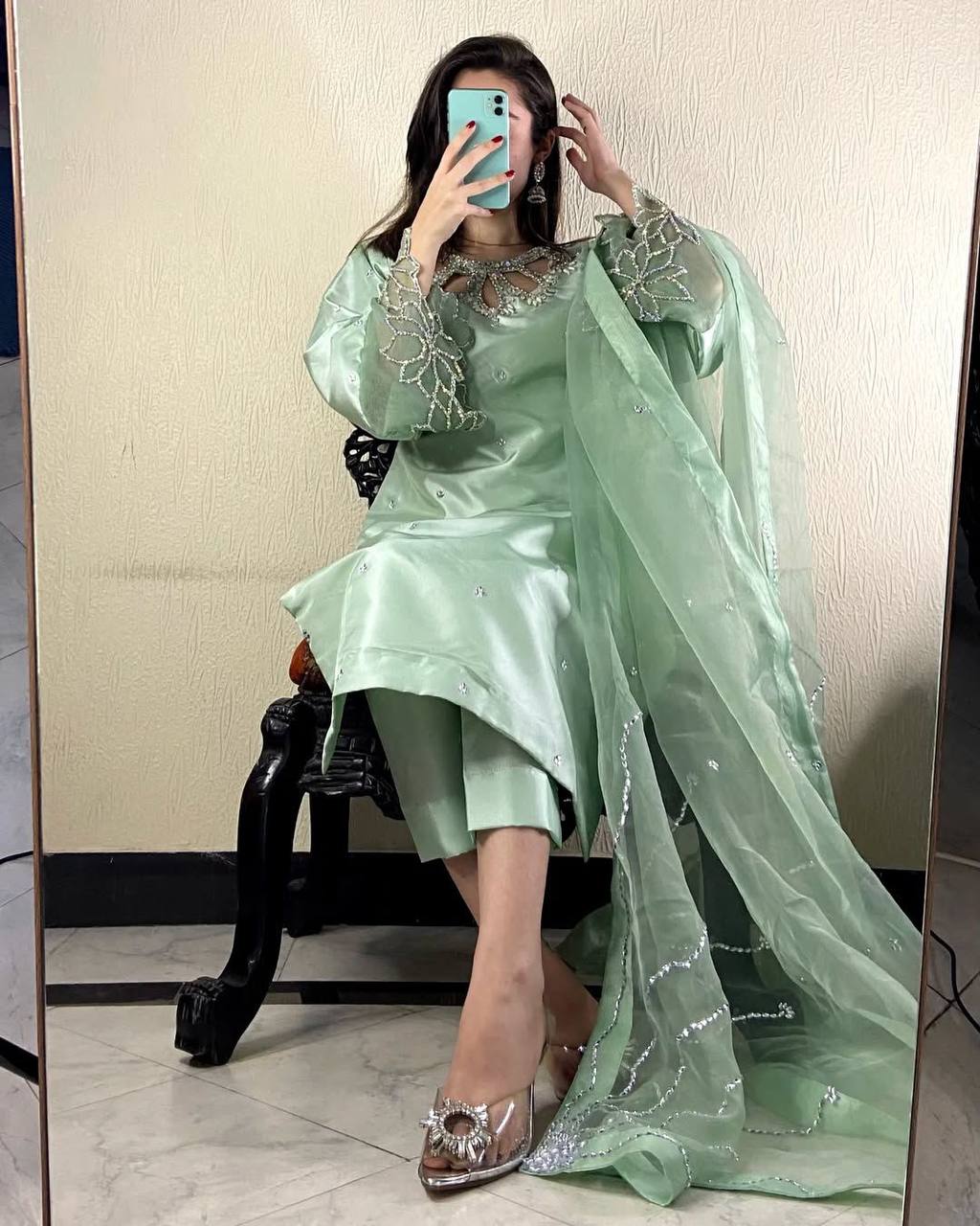 Outstanding Pista Green Color Embroidery With Beads And Sequence Work Salwar Suit