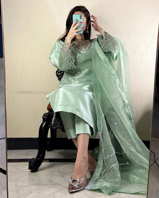 Outstanding Pista Green Color Embroidery With Beads And Sequence Work Salwar Suit